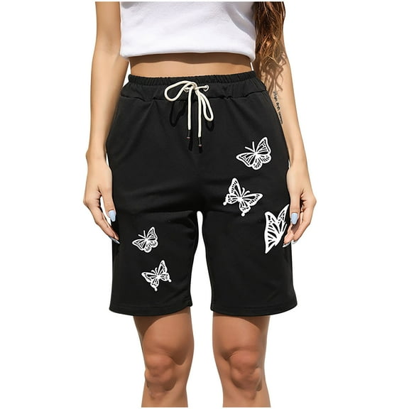 asdoklhq Womens Plus Capris,Women's Casual Summer Cropped Pants Butterfly Print Black Straight Short Pants