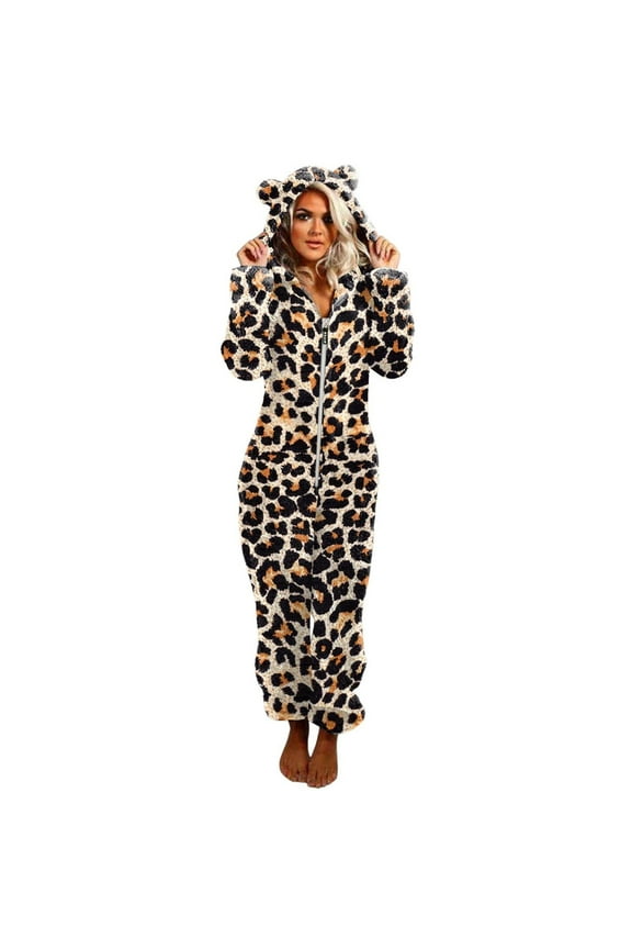 Womens Plus Clearance Unisex Adult Leopard Onesie Hoody Pajamas Zipper Up Long Sleeve Plush Jumpsuit