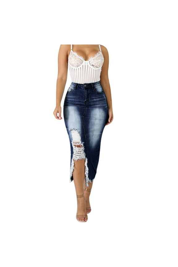 Womens Plus Size Clearance Dresses, Women High Waist Ripped Destroyed Street Style Denim Skirt
