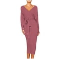 thumbnail image 1 of asdoklhq Womens Plus Clearance Women's Fashion Knitted Long Sleeve V-Neck Hip Wrap Warm Sweater Dress, 1 of 9