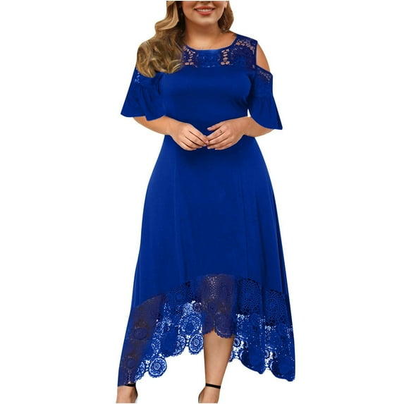 asdoklhq Womens Plus Size Clearance Dresses,Plus Size Women Ruffle Strapless Splicing Lace Splicing Short Sleeve Dress