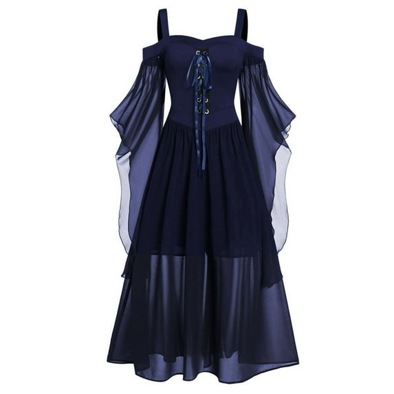 asdoklhq Womens Plus Size Clearance Dresses,Solid Cold Shoulder Butterfly Sleeve Lace Up Halloween Dress