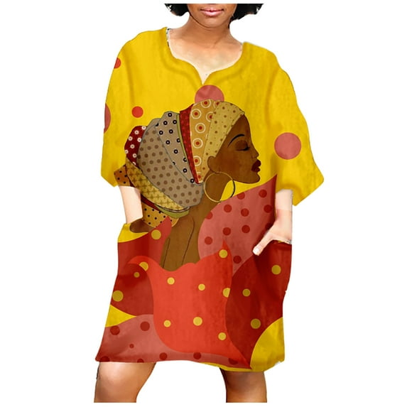 asdoklhq Womens Plus Size Clearance Dresses,Women African Vintage Print Middle Sleeve V Neck Casual Mini Dress
