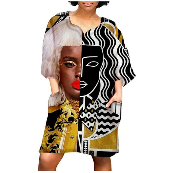 asdoklhq Womens Plus Size Clearance Dresses,Women African Vintage Print Middle Sleeve V Neck Casual Mini Dress
