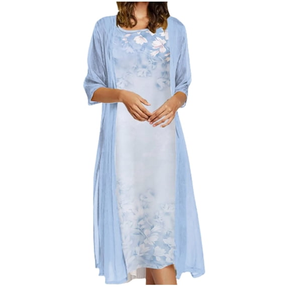 asdoklhq Womens Plus Size Clearance Dresses,Women Casual Floral Printing O-Neck Sleeveless Dress Solid Coat Two-Piece Set