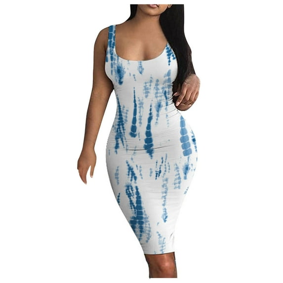 asdoklhq Womens Plus Size Clearance Dresses,Women's Gradient Print Sleeveless Tight O-Neck Short Dress Summer Dresses