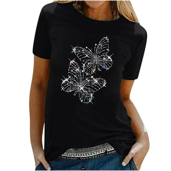 asdoklhq Womens Plus Size Clearance,Women's Shirt Tees Funny Cute Short Sleeve Fall T Shirt Butterfly Print Shirt Gift Tops Blouse Gift for Women