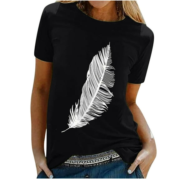 asdoklhq Womens Plus Size Clearance,Women's Shirt Tees Funny Cute Short Sleeve Fall T Shirt Feather Print Shirt Gift Tops Blouse Gift for Women