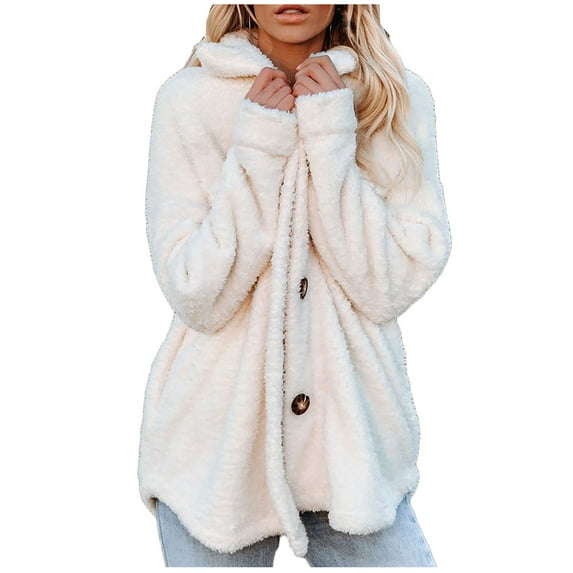 asdoklhq Womens Plus Size Coats Clearance Women Cozy Long Sleeve Faux Solid Buttons Fake Pokets Teddy Woolen Fleece Jacket Cardigan Coat