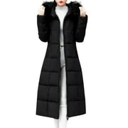 ASDOKLHQ Womens Plus Size Coats Clearance Women Outerwear Faux Hooded Coat Long Cotton-padded Jackets Pocket Coats