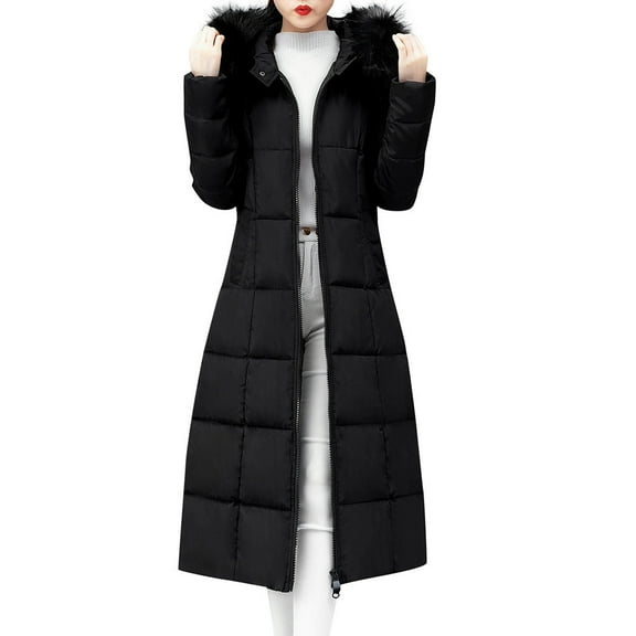 asdoklhq Womens Plus Size Coats Clearance Women Outerwear Faux Hooded Coat Long Cotton-padded Jackets Pocket Coats