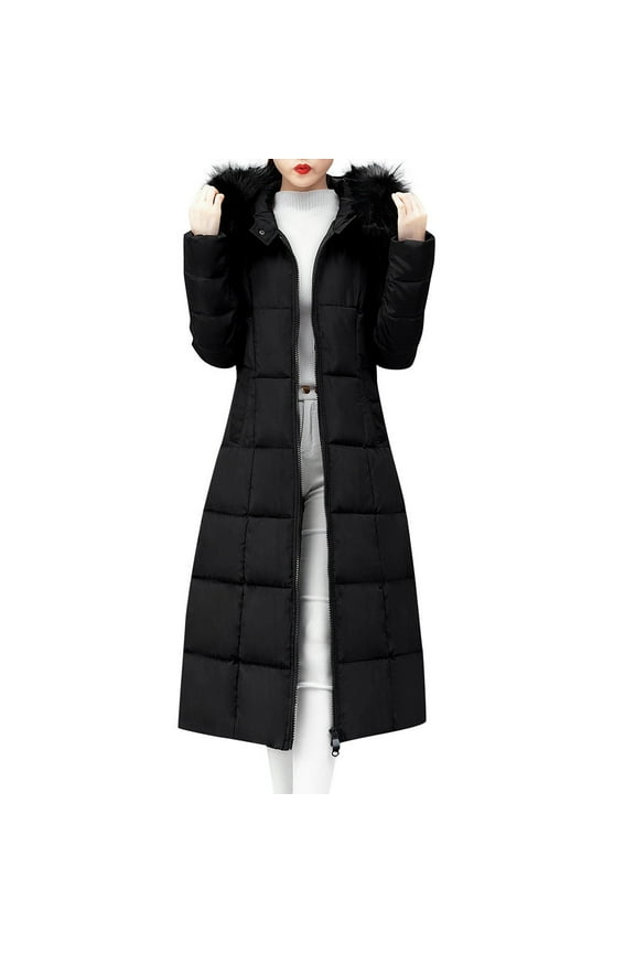 Womens Plus Size Coats Clearance Women Outerwear Faux Hooded Coat Long Cotton-padded Jackets Pocket Coats