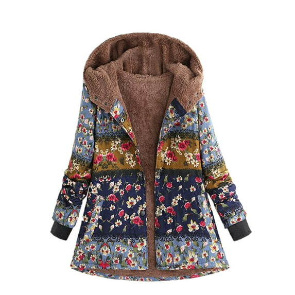 asdoklhq Womens Plus Size Coats Clearance Womens Winter Warm Outwear Printed Hooded Pockets Vintage Oversize Coats