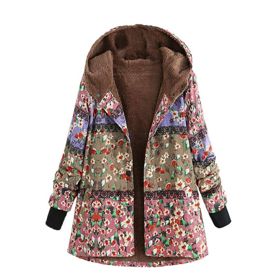 asdoklhq Womens Plus Size Coats Clearance Womens Winter Warm Outwear Printed Hooded Pockets Vintage Oversize Coats