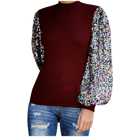 asdoklhq Womens Plus Size Tops Clearance,Half High Neck Sequin Sequin Stitching Lantern Sleeve Long Sleeve Top