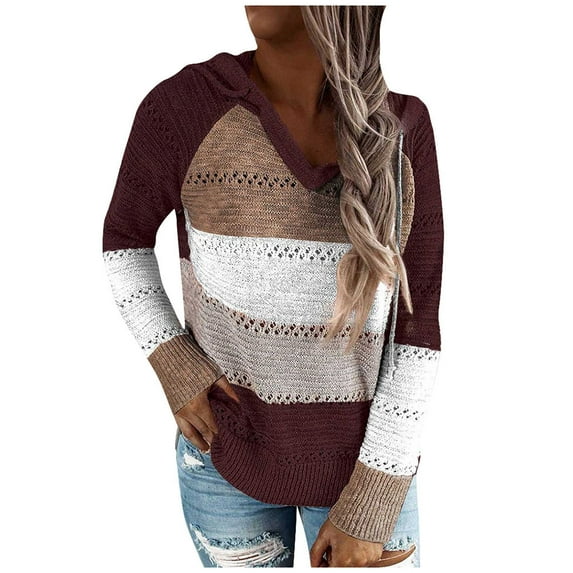 asdoklhq Womens Plus Size Tops Clearance, Women Casual Patchwork V-Neck Long Sleeves Hooded Sweater Blouse Tops