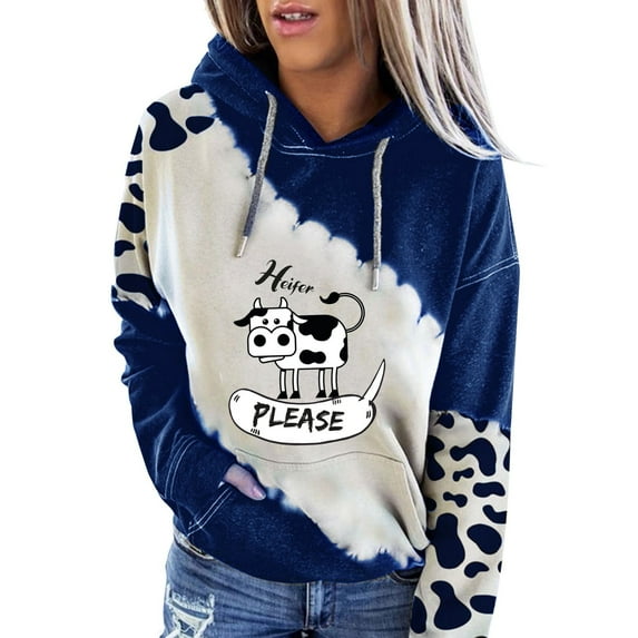 asdoklhq Womens Plus Size Tops Clearance, Women Long Sleeve Color Block Cow Print Pockets Sweatshirt Hooded Top