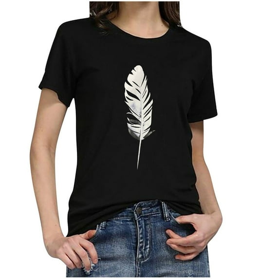 asdoklhq Womens Plus Size Tops Clearance, Women O-Neck Short Sleeve T-Shirt Feather Print Casual Top Tee Blouse