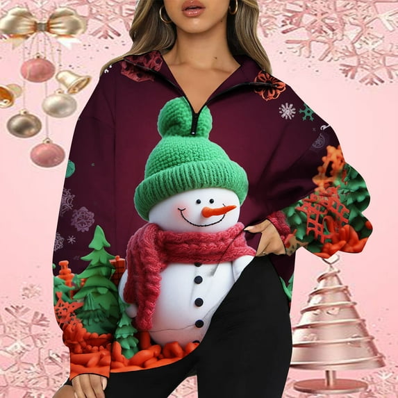 asdoklhq Womens Plus Size Tops Clearance,Women's Christmas Printed Half Zipper Lapel Loose Pullover Sweater Long Sleeve Lapel Top