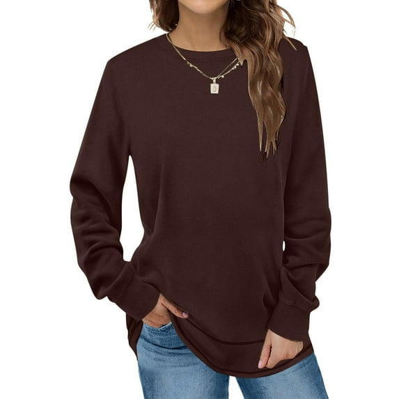 asdoklhq Womens Plus Size Tops Clearance,Women's Fashion Winter Solid Round-Neck Pullover Long Sleeve Tops