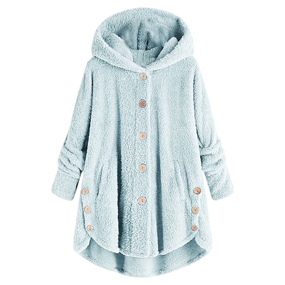 asdoklhq Womens Plus size Clearance Women Plus Size Button Plush Tops Hooded Loose Cardigan Wool Coat Winter Jacket Blue-C XXXXXL