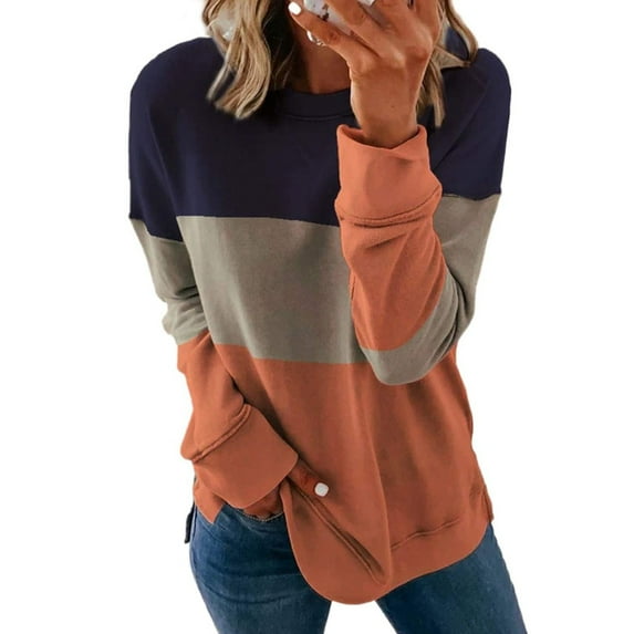 asdoklhq Womens Plus size Clearance Women's Fashion Casual Long Sleeve Print Color Matching T Shirt Slim Top