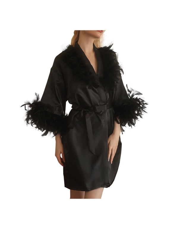 Womens Robes Lightweight Dressing Gown Ladies Feathered Dressing Gown Wedding Makeup Bridesmaids Wedding Dressing Gown Black M