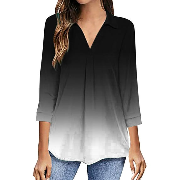 asdoklhq Womens Round Neck T Shirts Fashion Woman V Neck Three Quarter 3/4Sleeve T Shirt Printing Blouse Tops Sweatshirt Black XXL