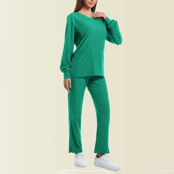 asdoklhq Womens Scrubs Women Solid Color Loose Work Uniform Trousers Pocket Nursing Uniform Long Sleeves Round Neck Cardigan Upper Garment Sets Green L