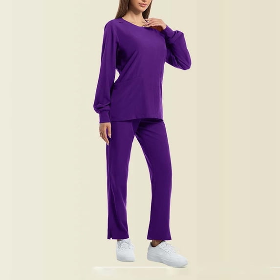 asdoklhq Womens Scrubs Women Solid Color Loose Work Uniform Trousers Pocket Nursing Uniform Long Sleeves Round Neck Cardigan Upper Garment Sets Purple S