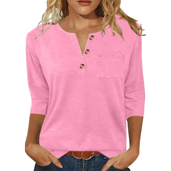 asdoklhq Womens Shirts Henley Women's Casual Relaxed Fashionable Button V-neck Short-sleeved Top Pink XL