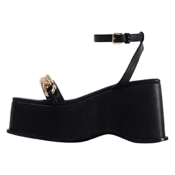 asdoklhq Womens Slip On Shoes Wide Width,Women's Metal Chain Ankle Buckle Strap Square Toe Platform Mid Heel Roman Sandals