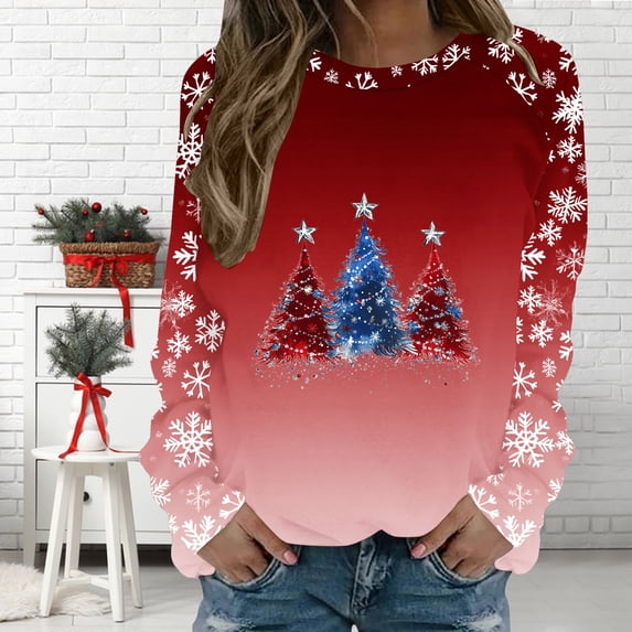 asdoklhq Womens Sweatshirt Ladies' Casual Christmas Printed Long-Sleeved Crew Neck Top Red 4X