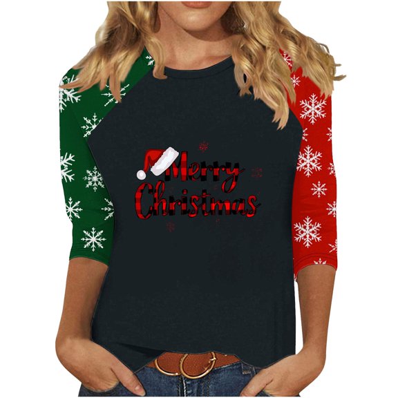 asdoklhq Womens Sweatshirt Women's 3/4 Sleeve Crew Neck Pullover Christmas Print Top Black S