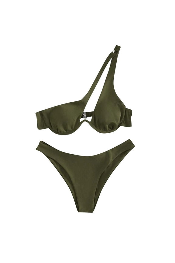 Womens Swim Shorts Ladies' Split Shoulder Steel Support Bikini Solid Color Two-piece Swimsuit Army Green M