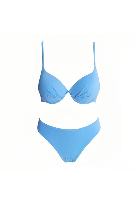 Womens Swim Shorts Ladies' Split Shoulder Steel Support Bikini Solid Color Two-piece Swimsuit Blue S