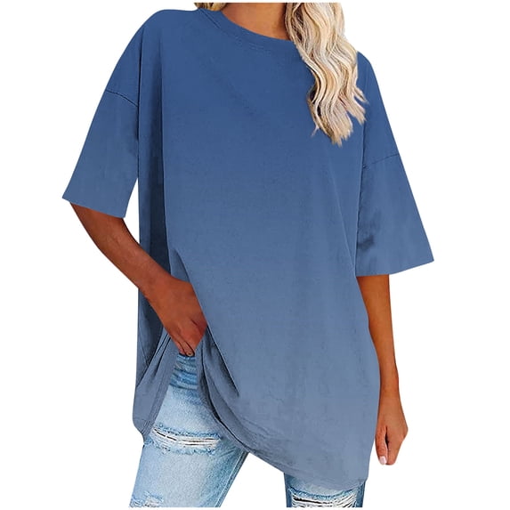 asdoklhq Womens T Shirts Plaid Tie Dye Women's Size Round Neck Short Sleeved Solid Summer Base Shirt Sports T-shirt Tops Navy 3X