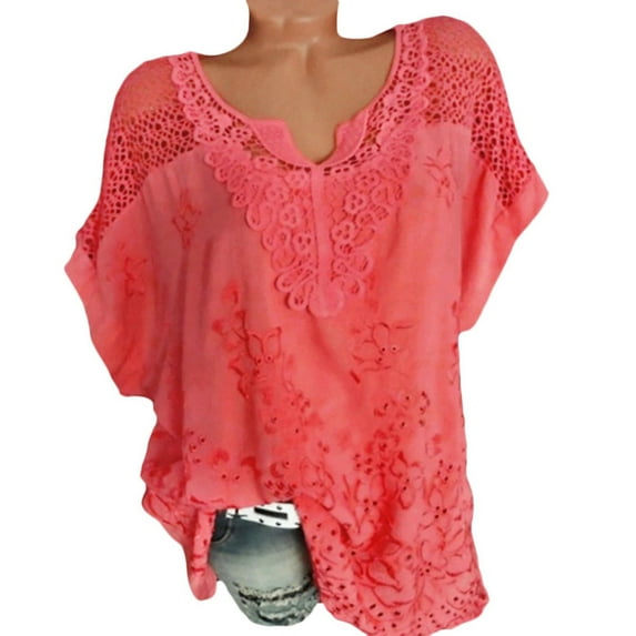 asdoklhq Womens Tops under $5, Summer Fall Womens Tops Women Plus Size Short Sleeves V-Neck Hollow Out Solid Casual Blouse Top Pullover Tops Short Sleeve Blouses Shirts