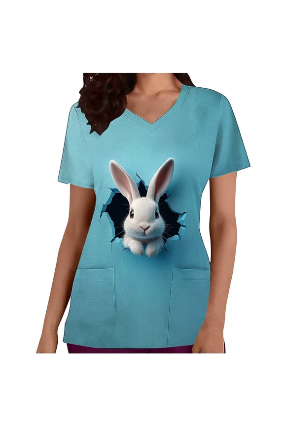 Womens Tops Easter Women's Easter Printed Casual V-neck Short Sleeved Printed Pocket Protective Suit Top Light Blue S