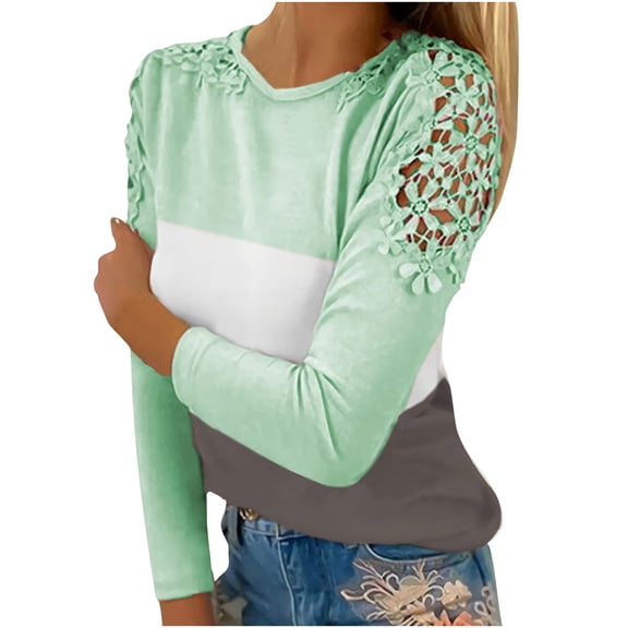 asdoklhq Womens Tops Long Sleeve Fall Women Casual Color Blocking Round-Neck Lace Hollow Out Long Sleeve Pullover Slimming Blouse T-Shirt Tops Green L