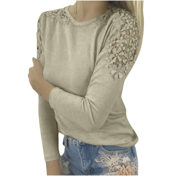 asdoklhq Womens Tops Long Sleeve Fall Women Casual Solid Round-Neck Lace Hollow Out Long Sleeve Pullover Slimming Blouse T-Shirt Tops Khaki M