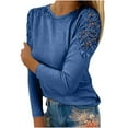thumbnail image 1 of asdoklhq Womens Tops Long Sleeve Fall Clearance Women Casual Solid Round-Neck Lace Hollow Out Long Sleeve Pullover Slimming Blouse T-Shirt Tops Navy XXXXL, 1 of 6