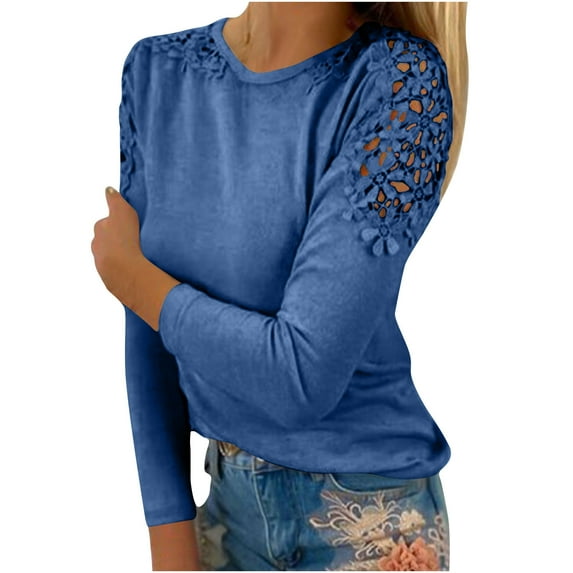 asdoklhq Womens Tops Long Sleeve Fall Clearance Women Casual Solid Round-Neck Lace Hollow Out Long Sleeve Pullover Slimming Blouse T-Shirt Tops Navy XXXXL