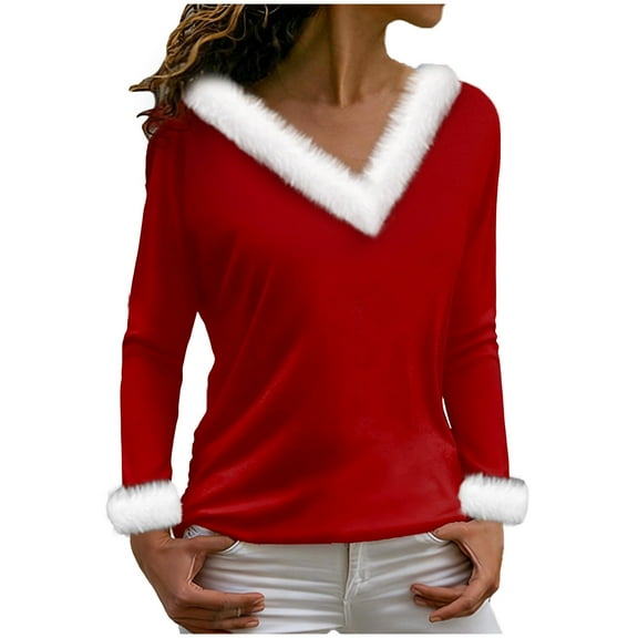 asdoklhq Womens Tops Merry Christmas Women's V-Neck Solid Casual Long Sleeve Fashion Top Blouse Red 2X