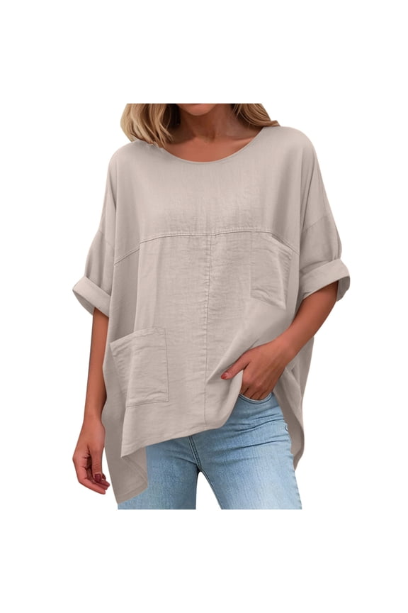 Womens Tops Plain Tshirt Loose Fit Blouse Women's Spring and Summer Short Sleeved Solid Color Short Sleeved Mesh Splicing T-shirt Khaki 5X