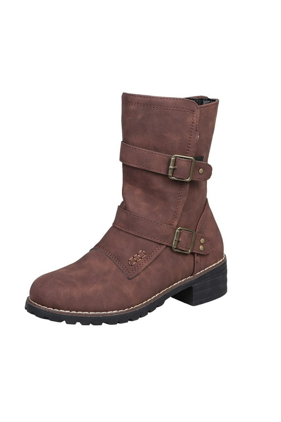 Womens Waterproof Work Boots,Women Boots Winter Buckle Strap Chunky Heels Slip On Retro Ladies Footwear Shoes