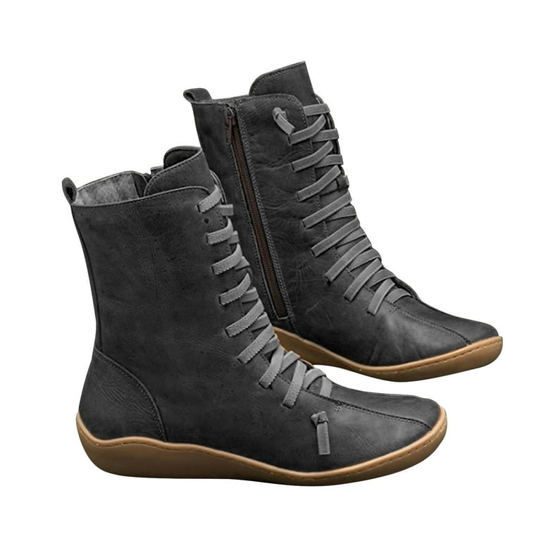 asdoklhq Womens Waterproof Work Boots Women Mid tube Boots Ladies Vintage Style Solid Zipper Flat Shoes Ankle Short Boots