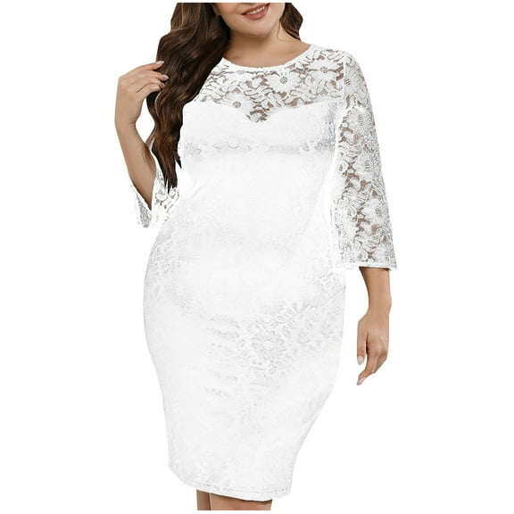asdoklhq Womens Winter Dresses Women's Plus Size Lace Zipper Splicing Slim Fashion Bag Skirt with Quarter Sleeves Round Neck Dress White XL(1XL)