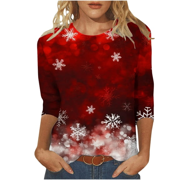 asdoklhq Womens Winter Tops Christmas Fashion Woman Casual Round Neck Printing Blouse 3/4 Sleeve T-Shirt Summer Red 2X