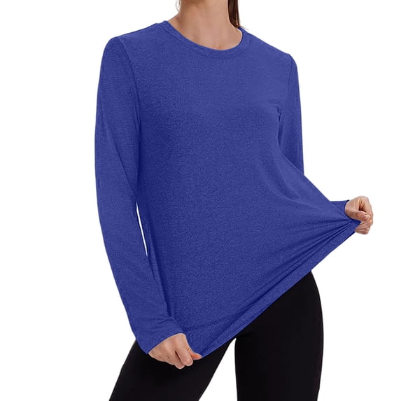 asdoklhq Workout Tops for Women Sports Drying Sun Protection Round-neck Solid Color Long-sleeved Top Dark Blue S